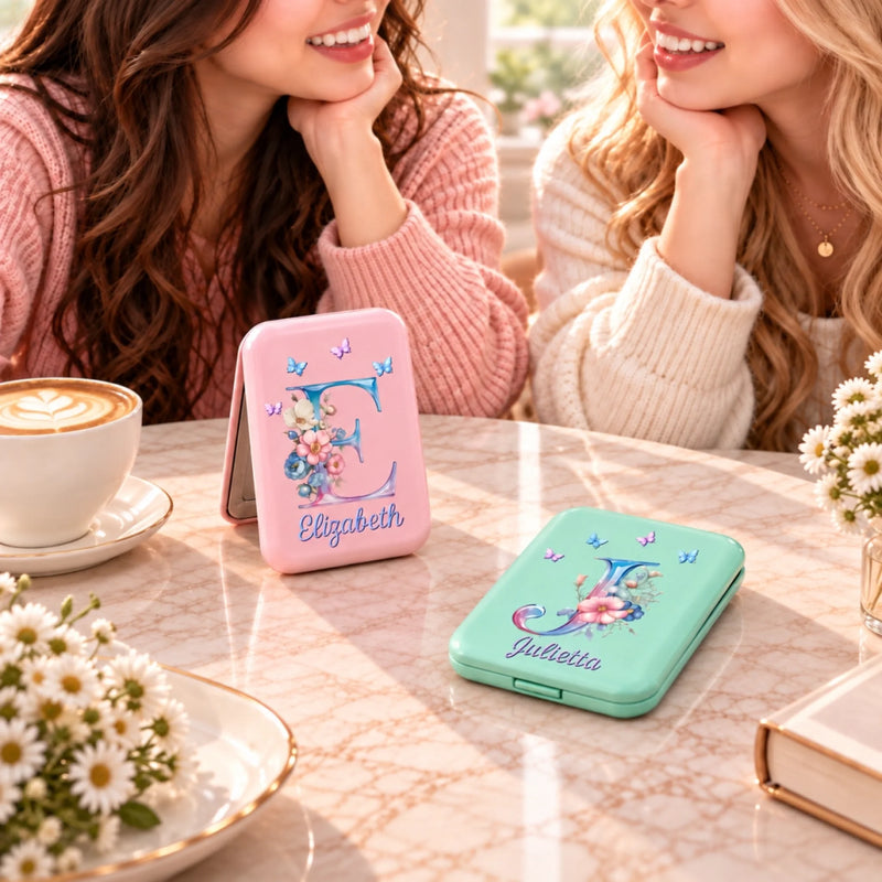 Custom Butterfly Monogram Vanity Gifts for Her - Personalized LED Compact Makeup Mirror