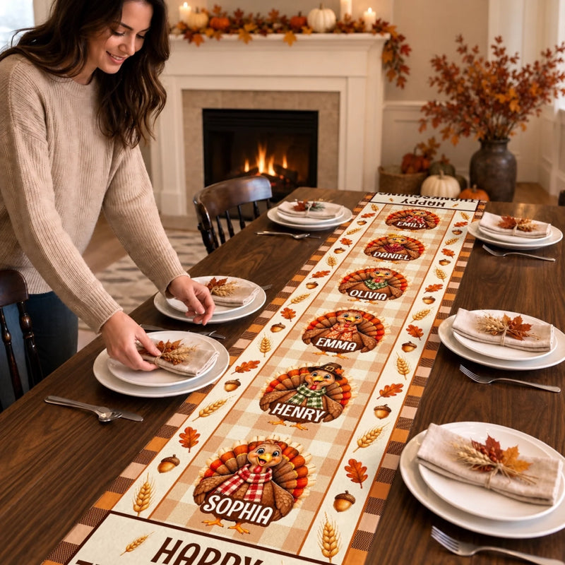 Custom Name Thanksgiving Turkey Family Decor - Personalized Table Runner