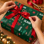 Custom Name Christmas Gift Wrap With Festive Holiday Pattern - Personalized Wrapping Paper