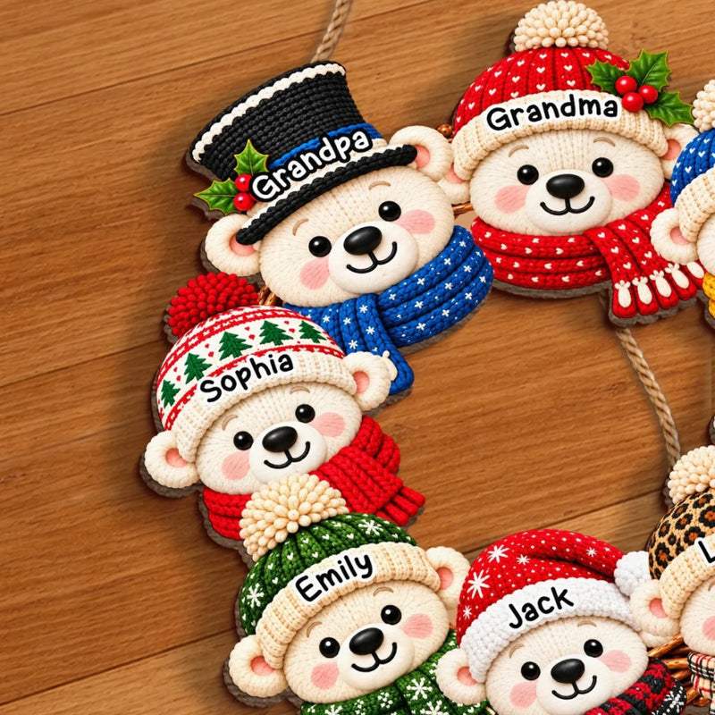 Custom Name Christmas Bear Family Decor - Personalized Shaped Wood Sign
