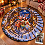 Custom Photo Christmas Snowy Village Family Decor - Personalized Quilted Round Mat