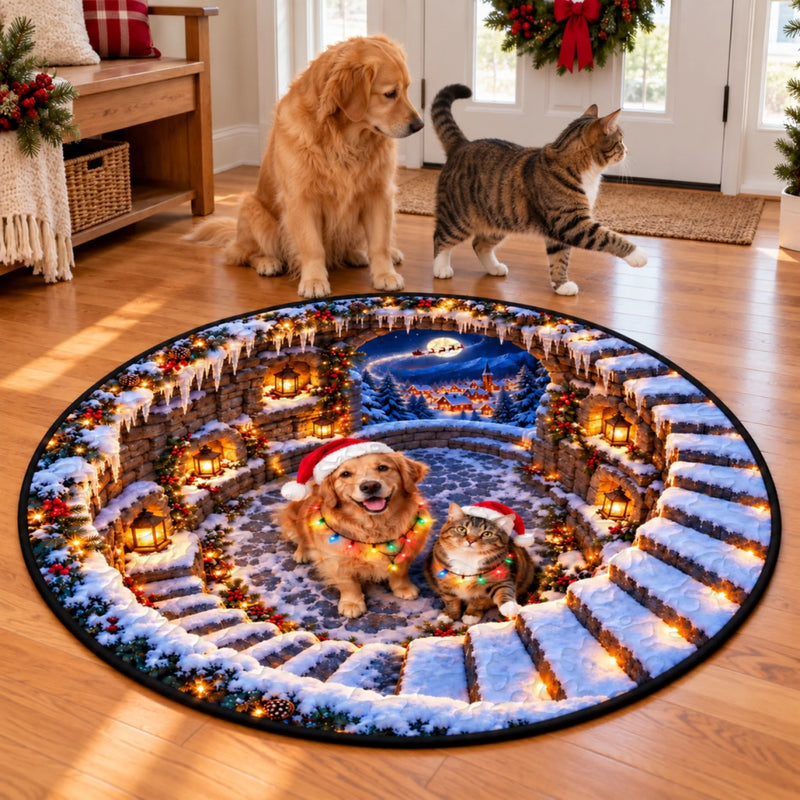 Custom Photo Christmas Snowy Village Family Decor - Personalized Quilted Round Mat