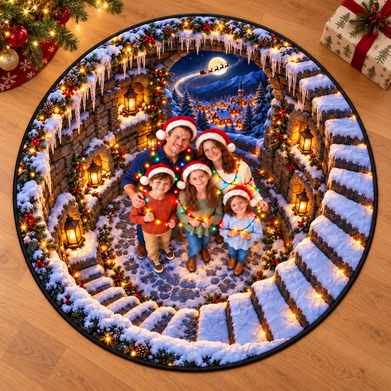 Custom Photo Christmas Snowy Village Family Decor - Personalized Quilted Round Mat