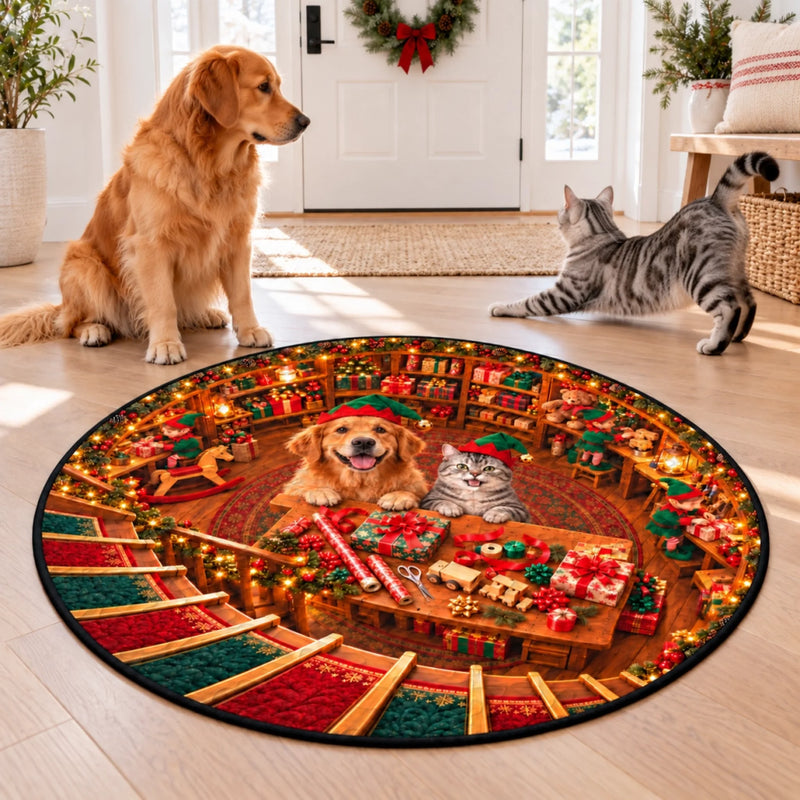 Custom Photo Santa Workshop Family Decor - Personalized Quilted Round Mat
