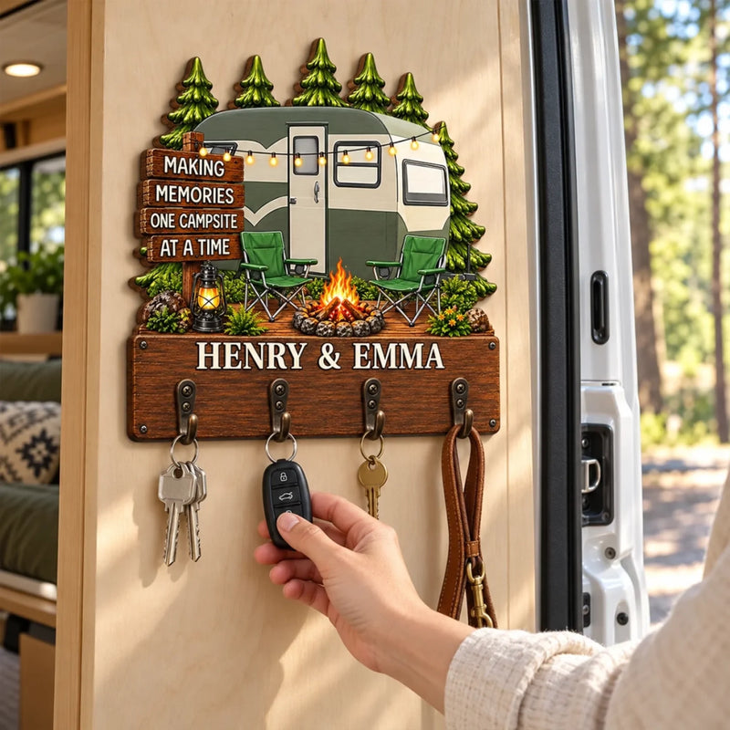 Custom Name Camping Couple Gifts - Personalized Wooden Key Holder