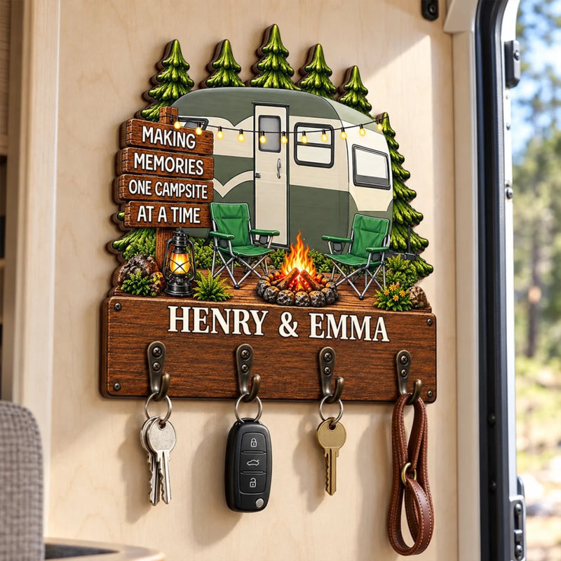 Custom Name Camping Couple Gifts - Personalized Wooden Key Holder