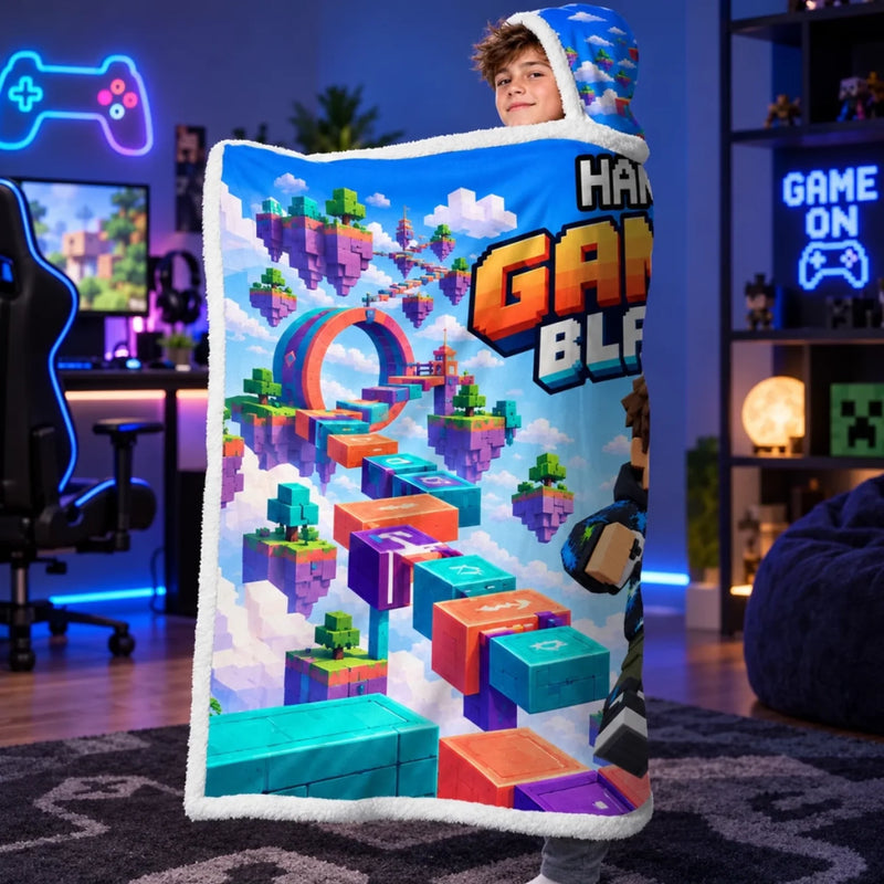Custom Photo Pixel Gamer Adventure Gifts for Kids - Personalized Snuggle Blanket
