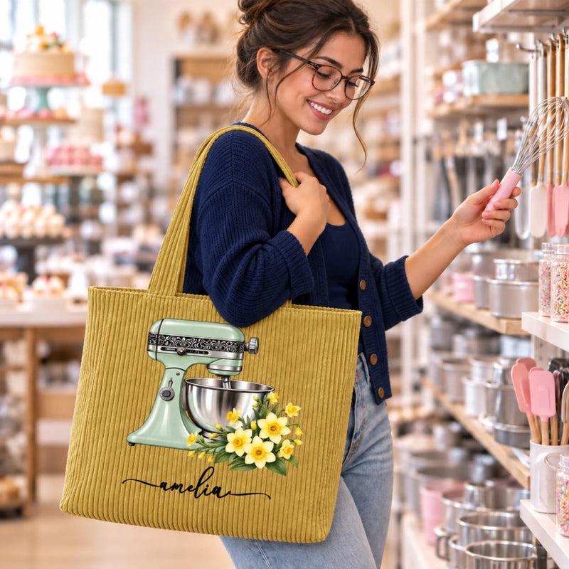 Custom Floral Stand Mixer Baking Gifts For Women, Bakers - Personalized Corduroy Tote Bag