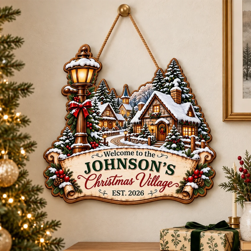 Custom Family Name Christmas Village Welcome Sign Gifts For Family - Personalized Wood Sign