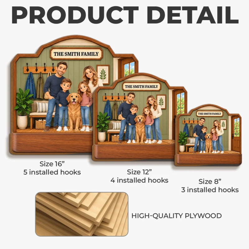 Custom Family Portrait Home Decor Gifts - Personalized Wooden Key Holder