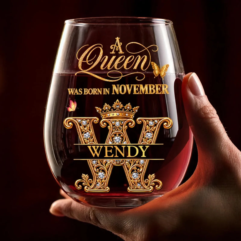 Custom Name Queen Initial Birthday Gifts for Her - Personalized Wine Glass