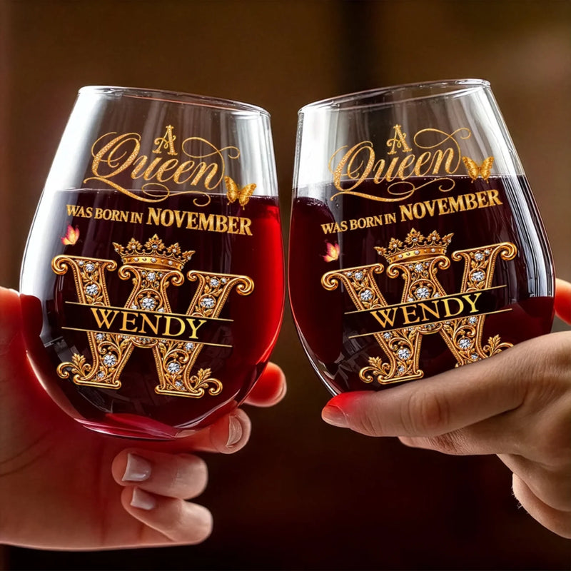 Custom Name Queen Initial Birthday Gifts for Her - Personalized Wine Glass